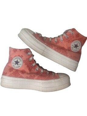 Converse All Star Lift Platform High-Top Embroidered Sneakers in Coral Size 8